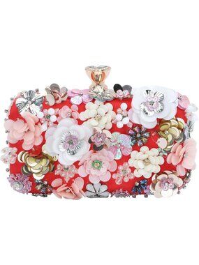 〽️Women's Red Evening Handbag Chain Strap Flower Clutch Purse Shoulder Bags